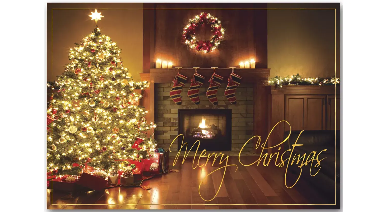 Custom Printed Christmas Cards - Christmas Tree by Fireplace