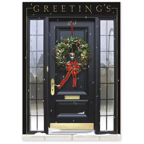 Customized Holiday Cards - Black and Gold Door with Wreath