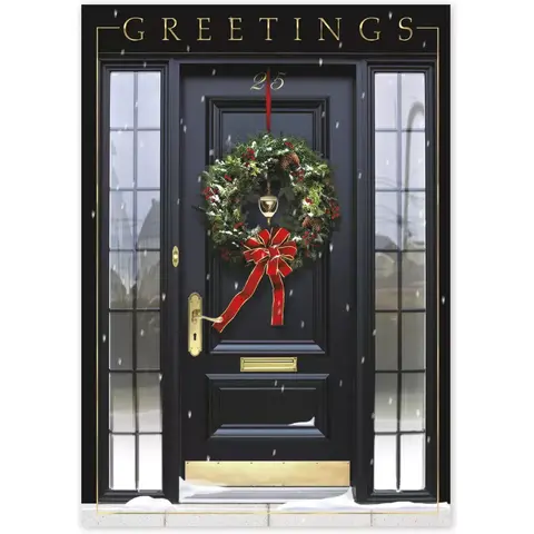 Customized Holiday Cards - Black and Gold Door with Wreath
