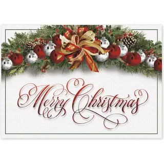 Custom Business Christmas Cards with Garland Full of Ornaments and Gold Bow
