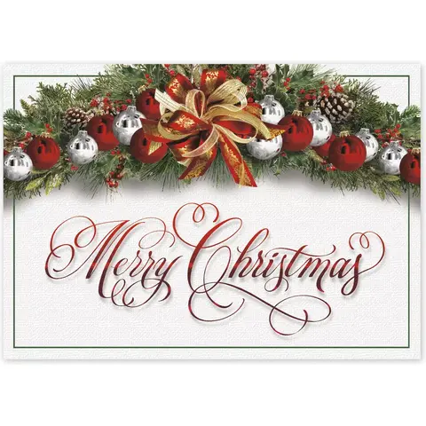Custom Business Christmas Cards with Garland Full of Ornaments and Gold Bow