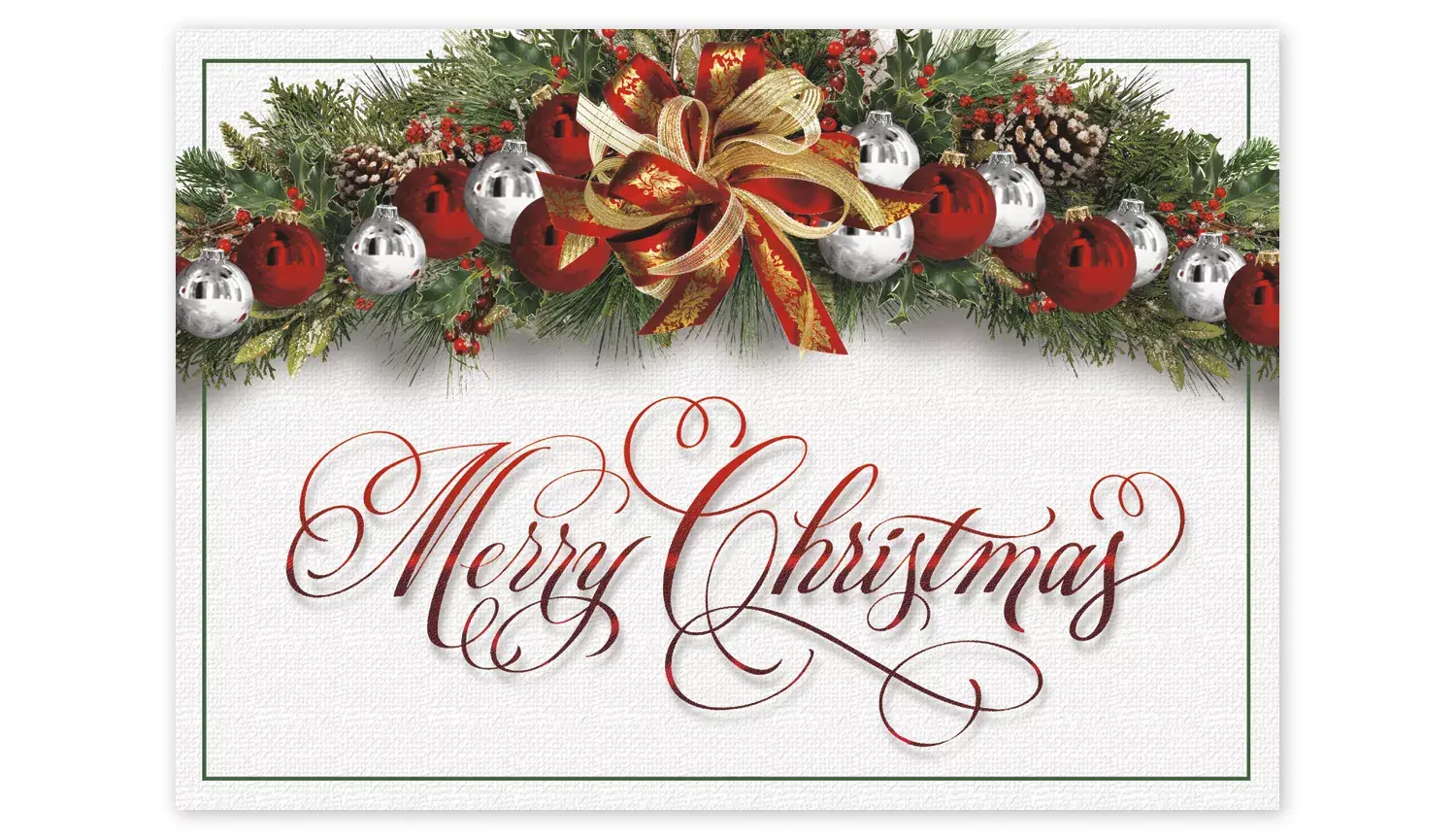 Custom Business Christmas Cards with Garland Full of Ornaments and Gold Bow