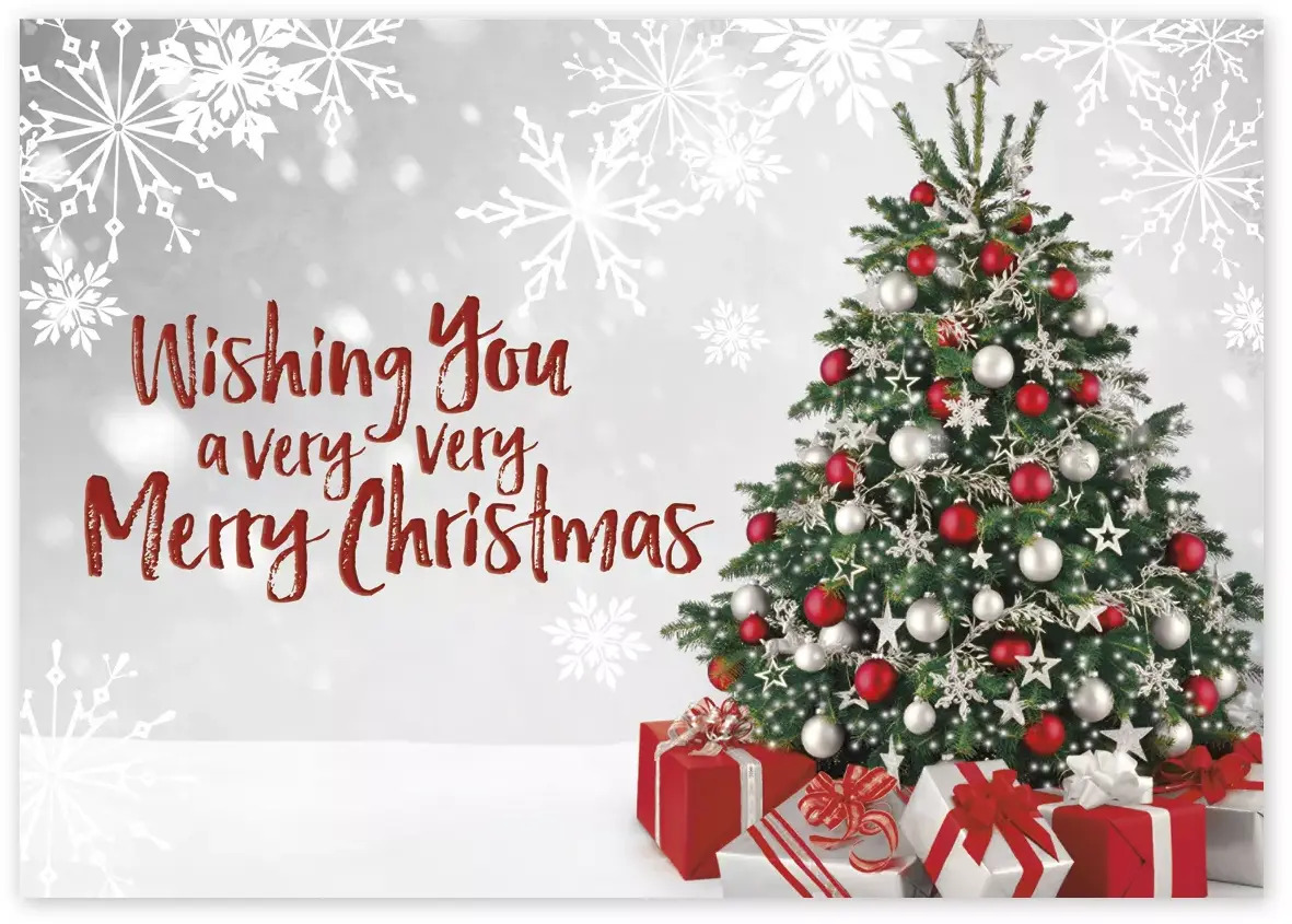 Custom Business Christmas Cards with Decorated Tree and Red/White Gifts