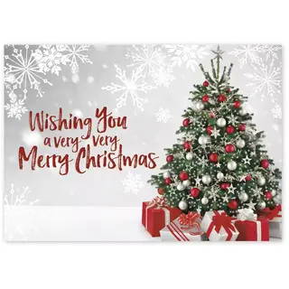 Custom Business Christmas Cards with Decorated Tree and Red/White Gifts