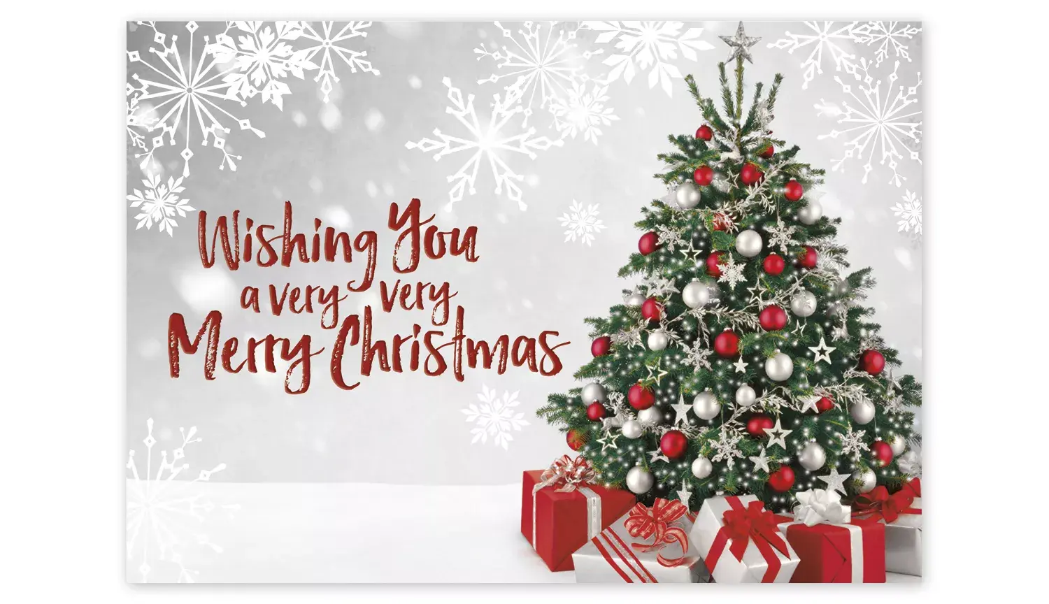 Custom Business Christmas Cards with Decorated Tree and Red/White Gifts