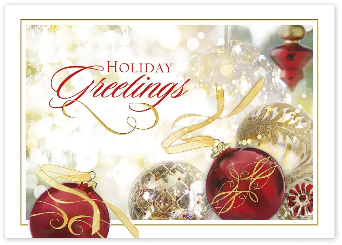 Custom Holiday Cards - Red and Gold Ornaments