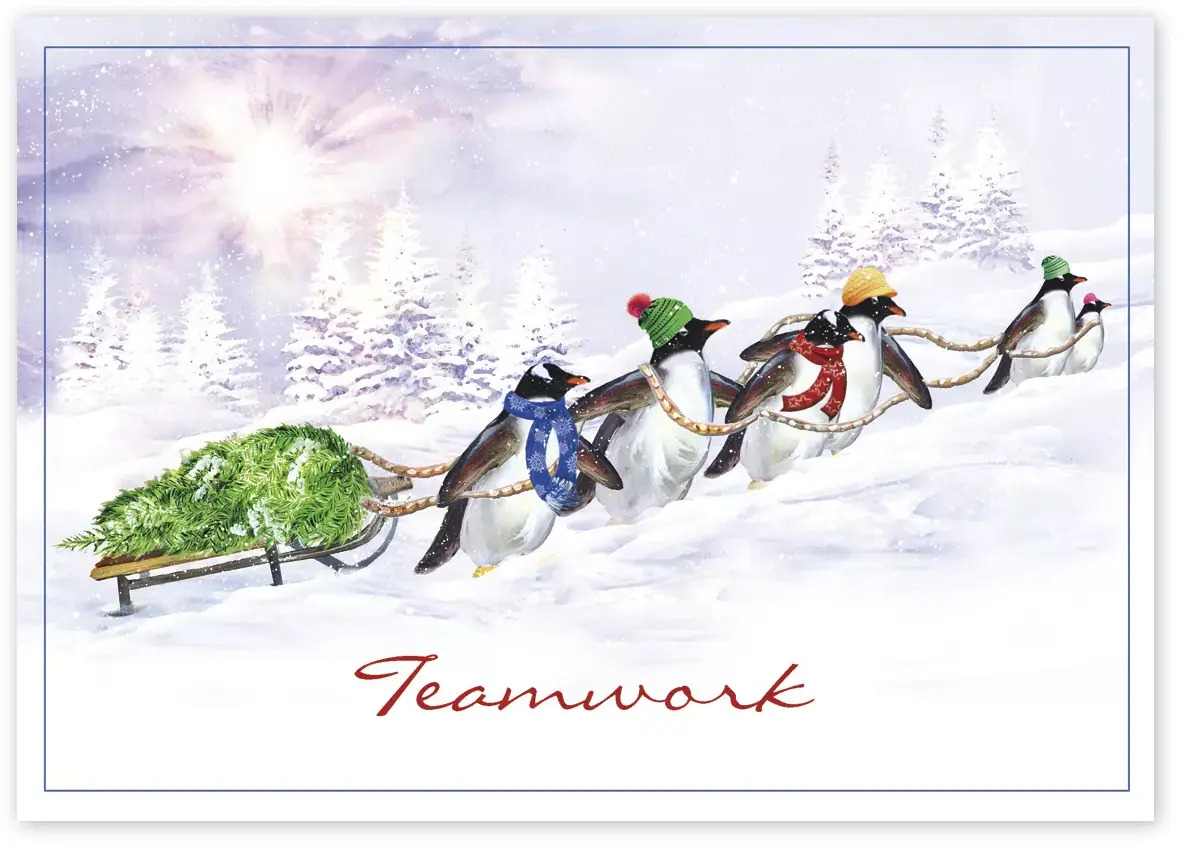 Custom Business Teamwork Holiday Cards - Penguins Pulling Sleigh