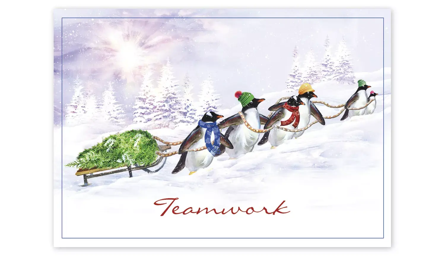 Custom Business Teamwork Holiday Cards - Penguins Pulling Sleigh