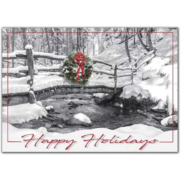 Custom Holiday Cards - Wreath on Snow-Covered Bridge by River
