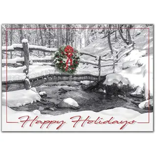 Custom Holiday Cards - Wreath on Snow-Covered Bridge by River
