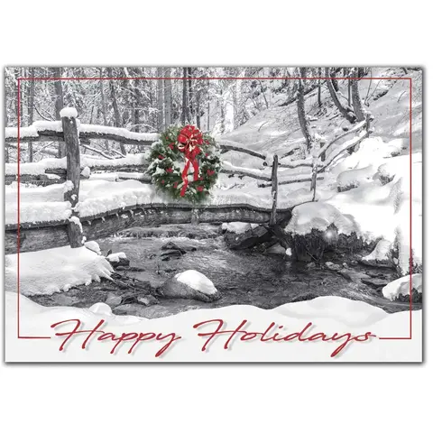 Custom Holiday Cards - Wreath on Snow-Covered Bridge by River
