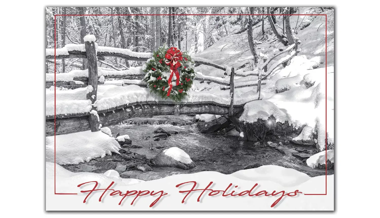 Custom Holiday Cards - Wreath on Snow-Covered Bridge by River