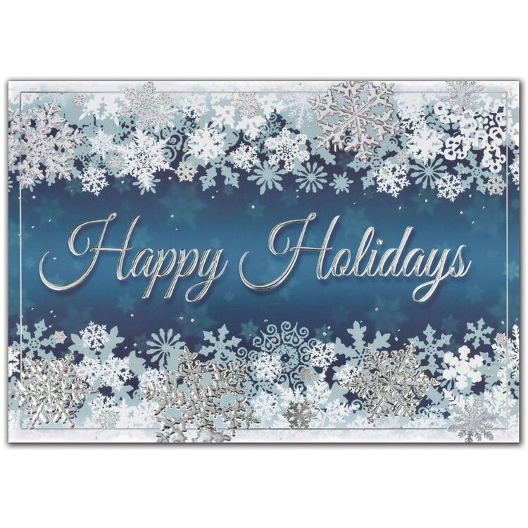 Custom Printed Holiday Cards - Silver and Blue Snowflakes 