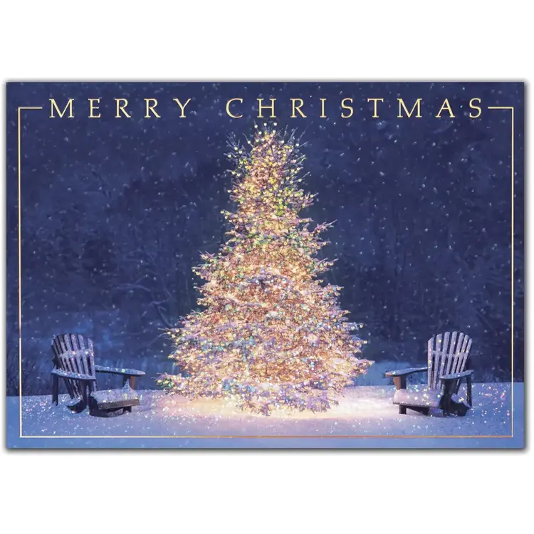 Custom Printed Christmas Cards with 2 Adirondack Chairs and Decorated Tree