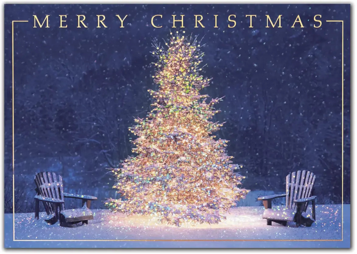 Custom Printed Christmas Cards with 2 Adirondack Chairs and Decorated Tree