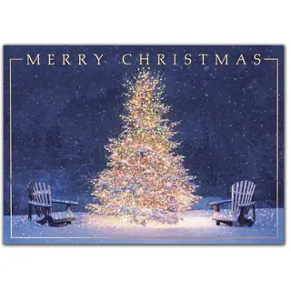 Custom Printed Christmas Cards with 2 Adirondack Chairs and Decorated Tree
