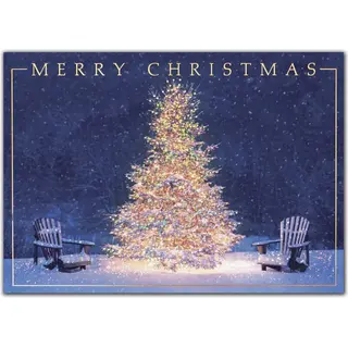 Custom Printed Christmas Cards with 2 Adirondack Chairs and Decorated Tree