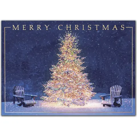 Custom Printed Christmas Cards with 2 Adirondack Chairs and Decorated Tree