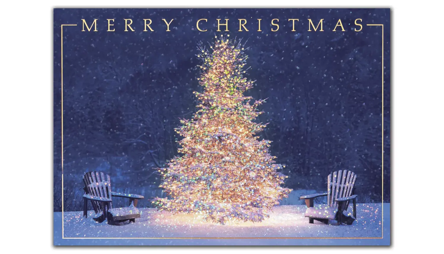 Custom Printed Christmas Cards with 2 Adirondack Chairs and Decorated Tree