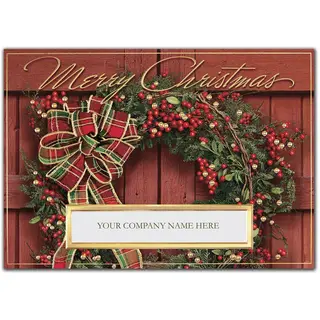 Custom Business Christmas Cards - Wreath with Red, Green and Gold Bow