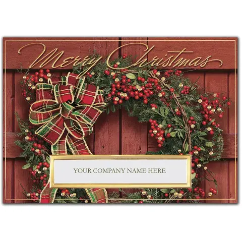 Custom Business Christmas Cards - Wreath with Red, Green and Gold Bow
