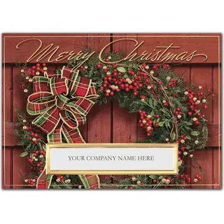 Custom Business Christmas Cards - Wreath with Red, Green and Gold Bow