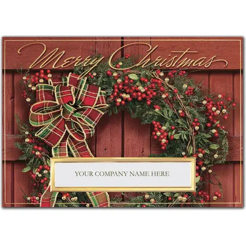 Custom Business Christmas Cards - Wreath with Red, Green and Gold Bow