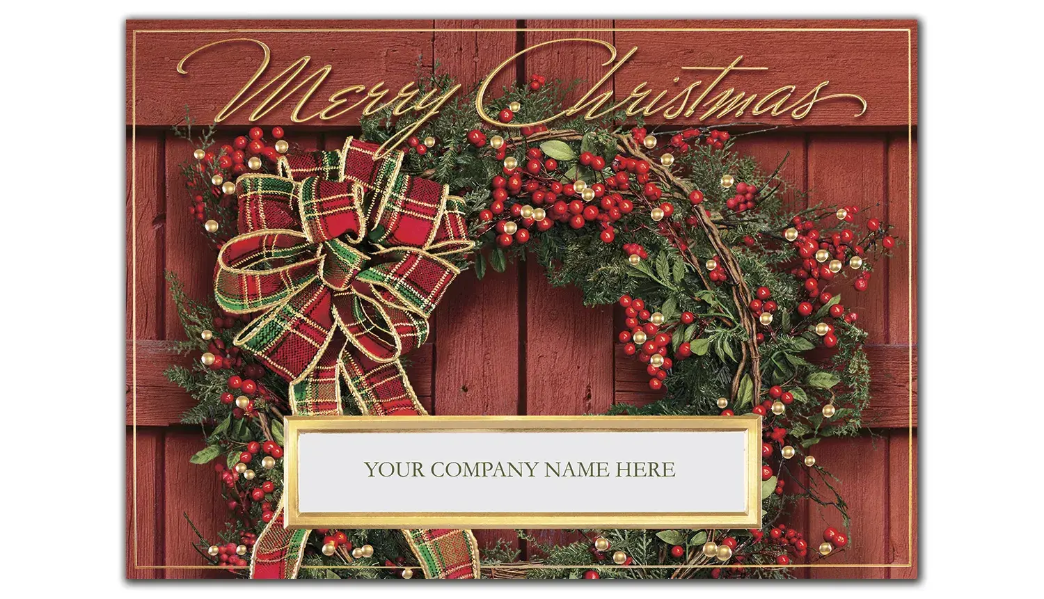Custom Business Christmas Cards - Wreath with Red, Green and Gold Bow