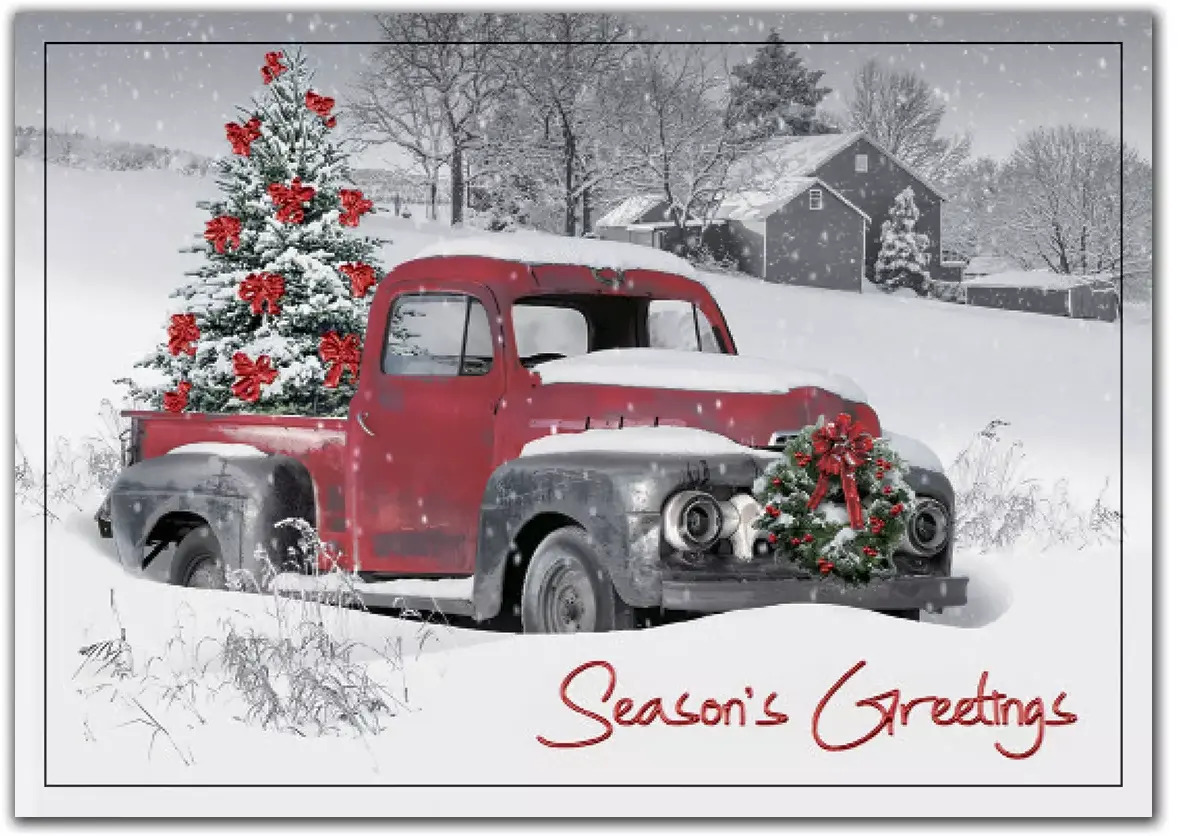 Custom Christmas Tree Cards | Red Truck in Snow