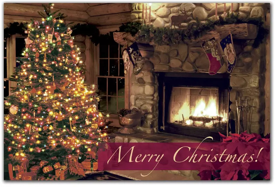 Custom Printed Christmas Postcards - The Night Before Fireplace and Tree