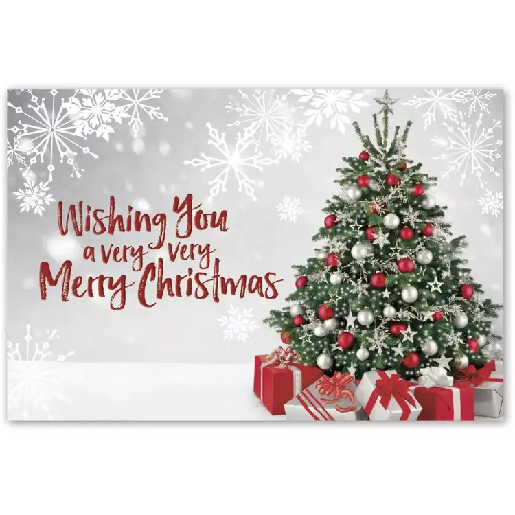 Beautiful Custom Printed Christmas Postcards - Red and Silver Decorated Tree