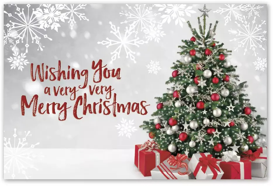 Beautiful Custom Printed Christmas Postcards - Red and Silver Decorated Tree