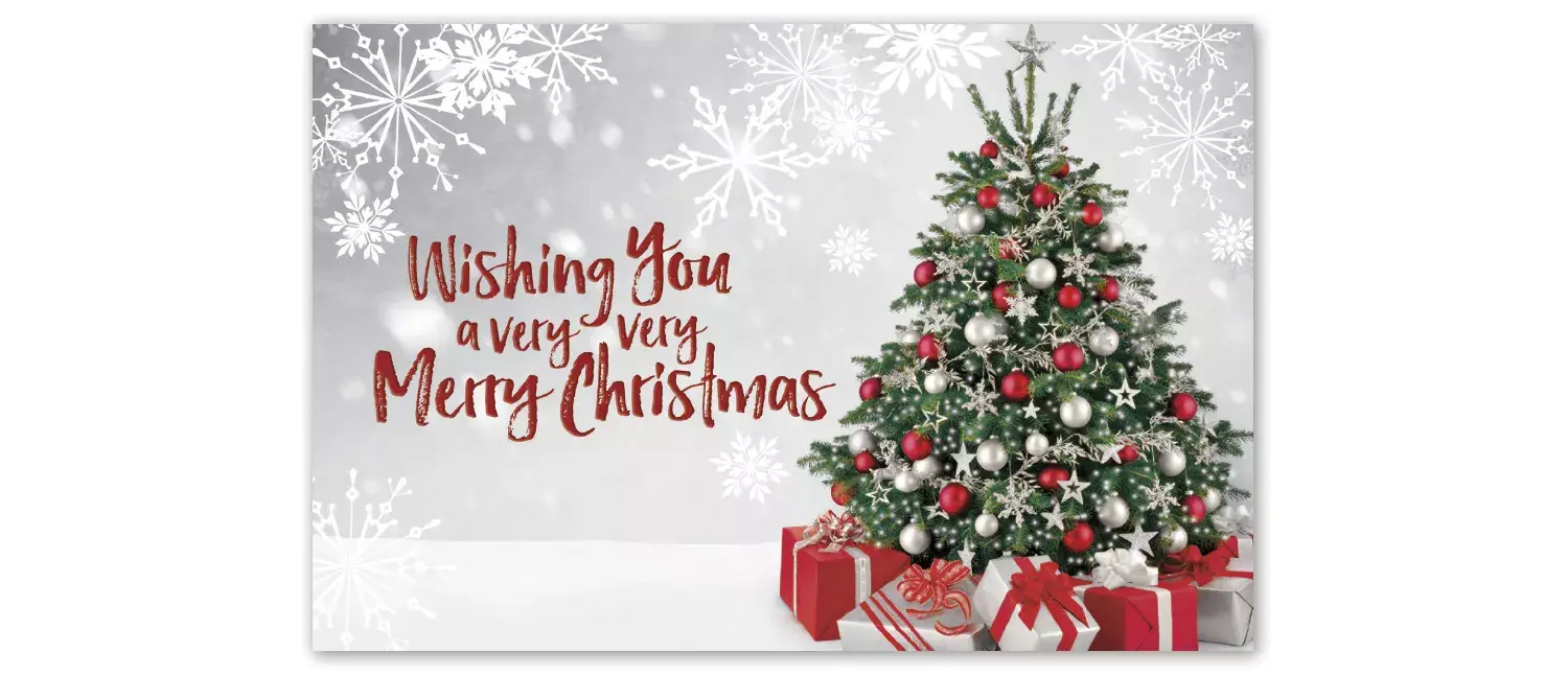 Beautiful Custom Printed Christmas Postcards - Red and Silver Decorated Tree
