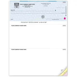 High-security laser business check with check-on-top layout and anti-fraud background