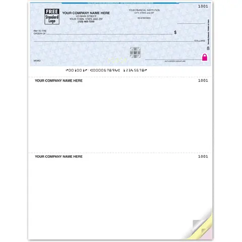 High-security laser business check with check-on-top layout and anti-fraud background