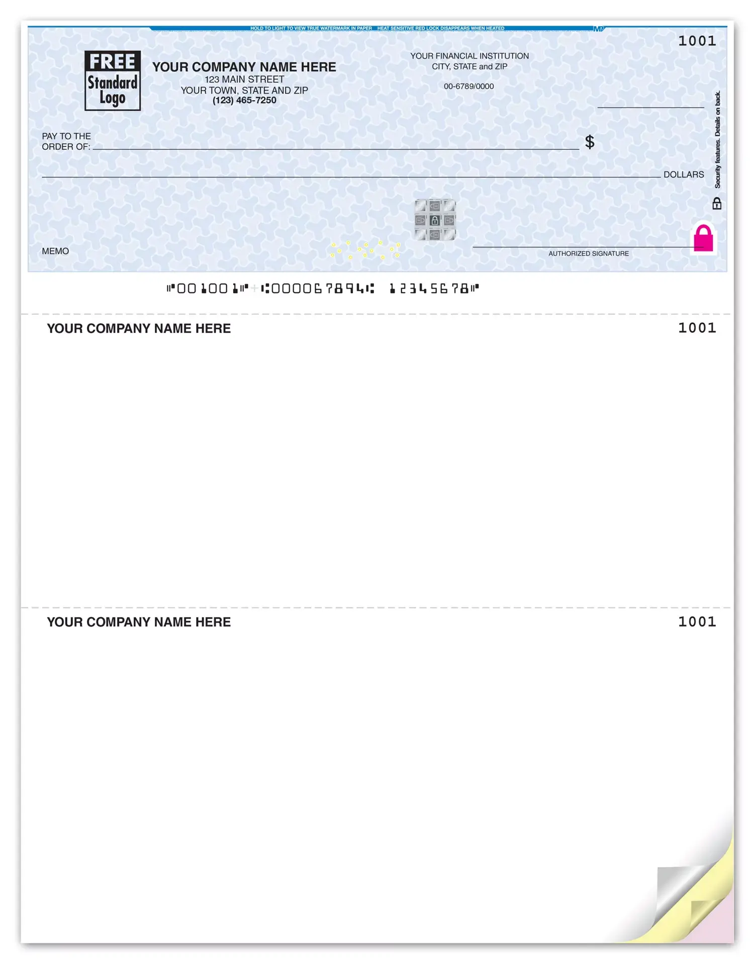 High-security laser business check with check-on-top layout and anti-fraud background
