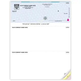 High-security laser business check with reflective hologram foil and check-on-top layout