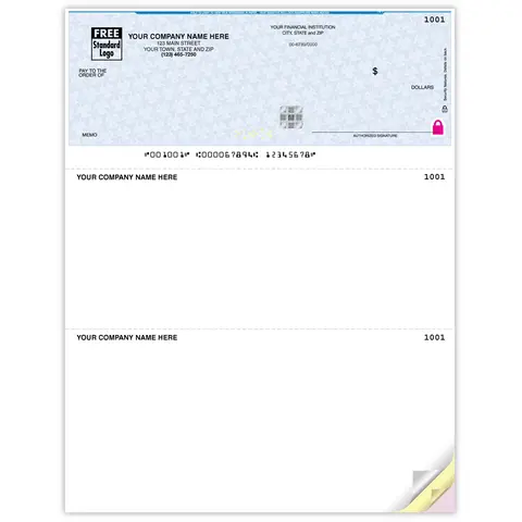 High-security laser business check with reflective hologram foil and check-on-top layout