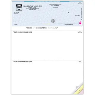 High-security laser business check with reflective hologram foil and check-on-top layout