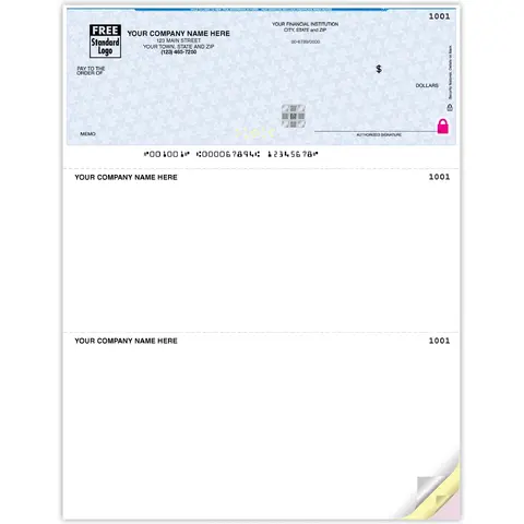 High-security laser business check with reflective hologram foil and check-on-top layout