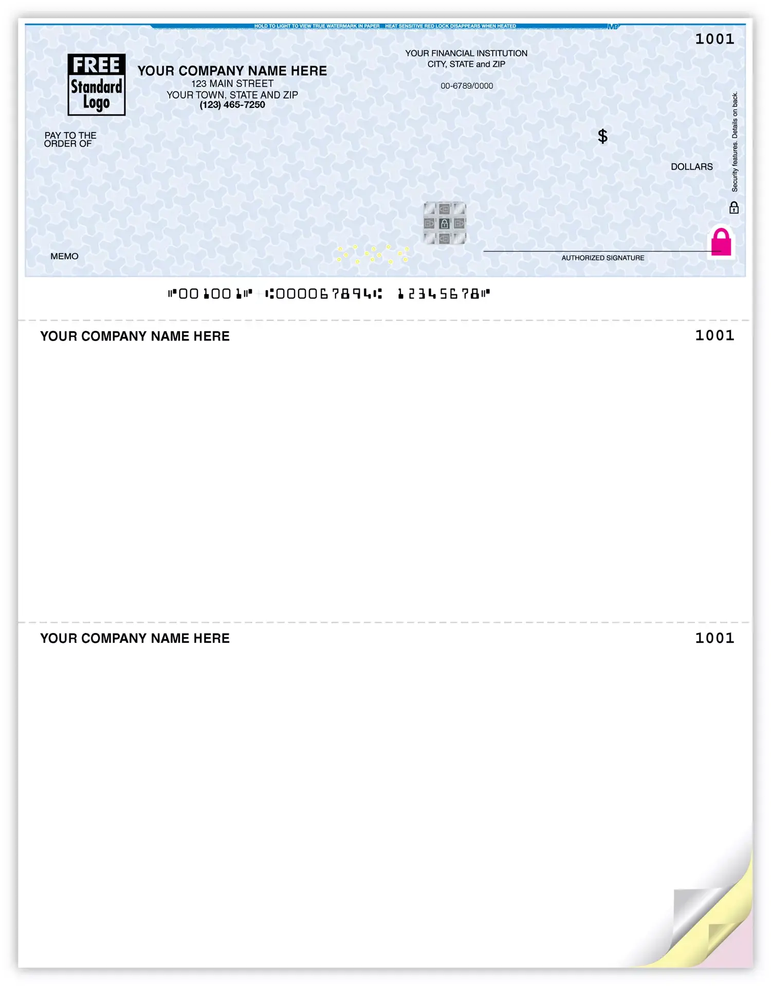 High-security laser business check with reflective hologram foil and check-on-top layout