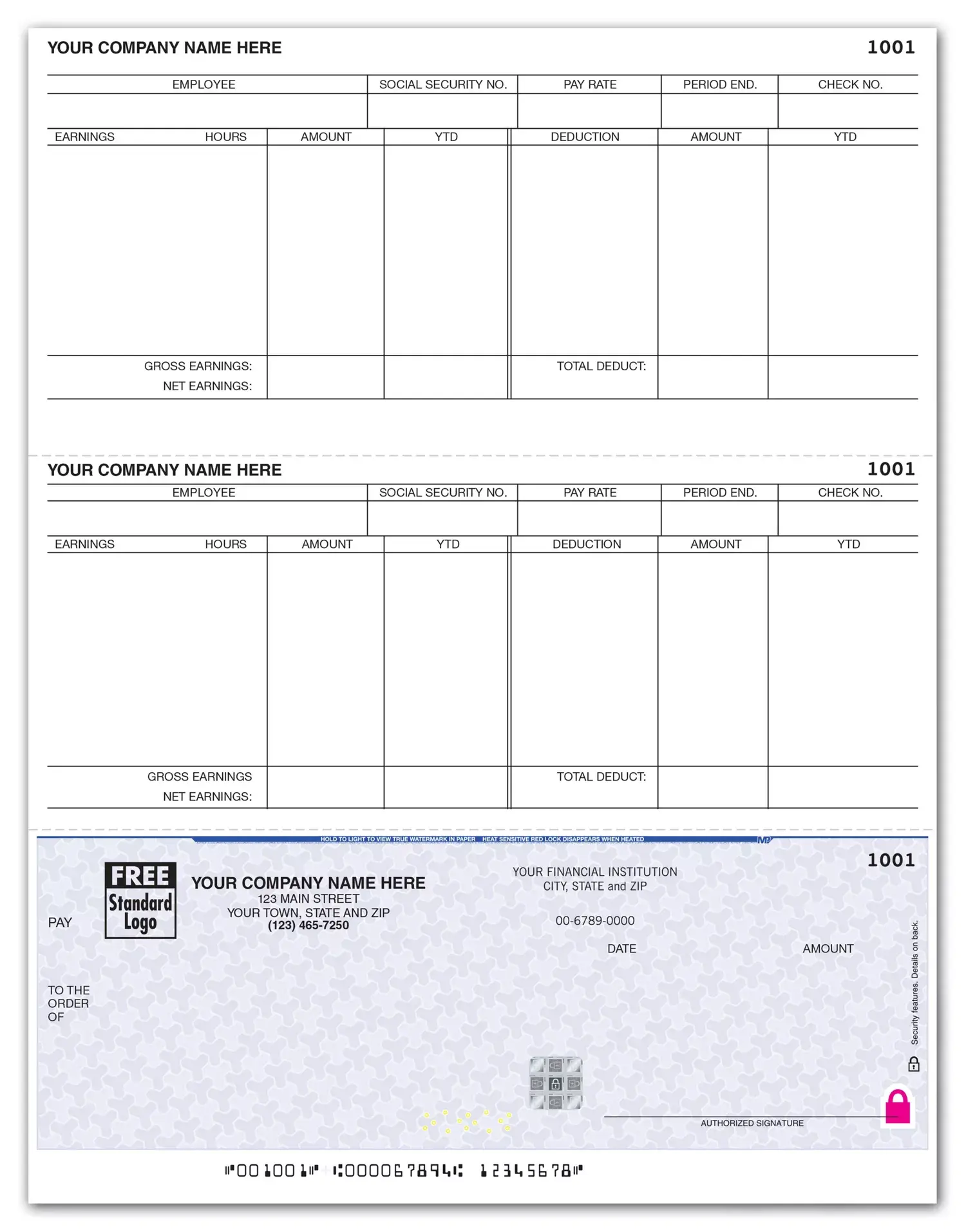 Software compatible laser payroll checks printed on secure paper