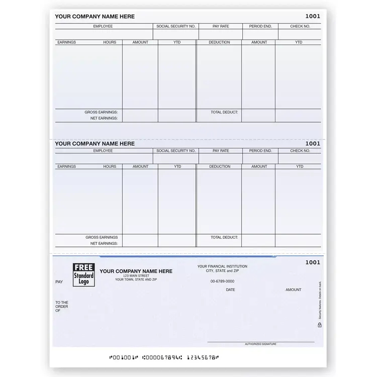 Custom Printed Laser Payroll Checks, Bottom Check, Detailed Columns