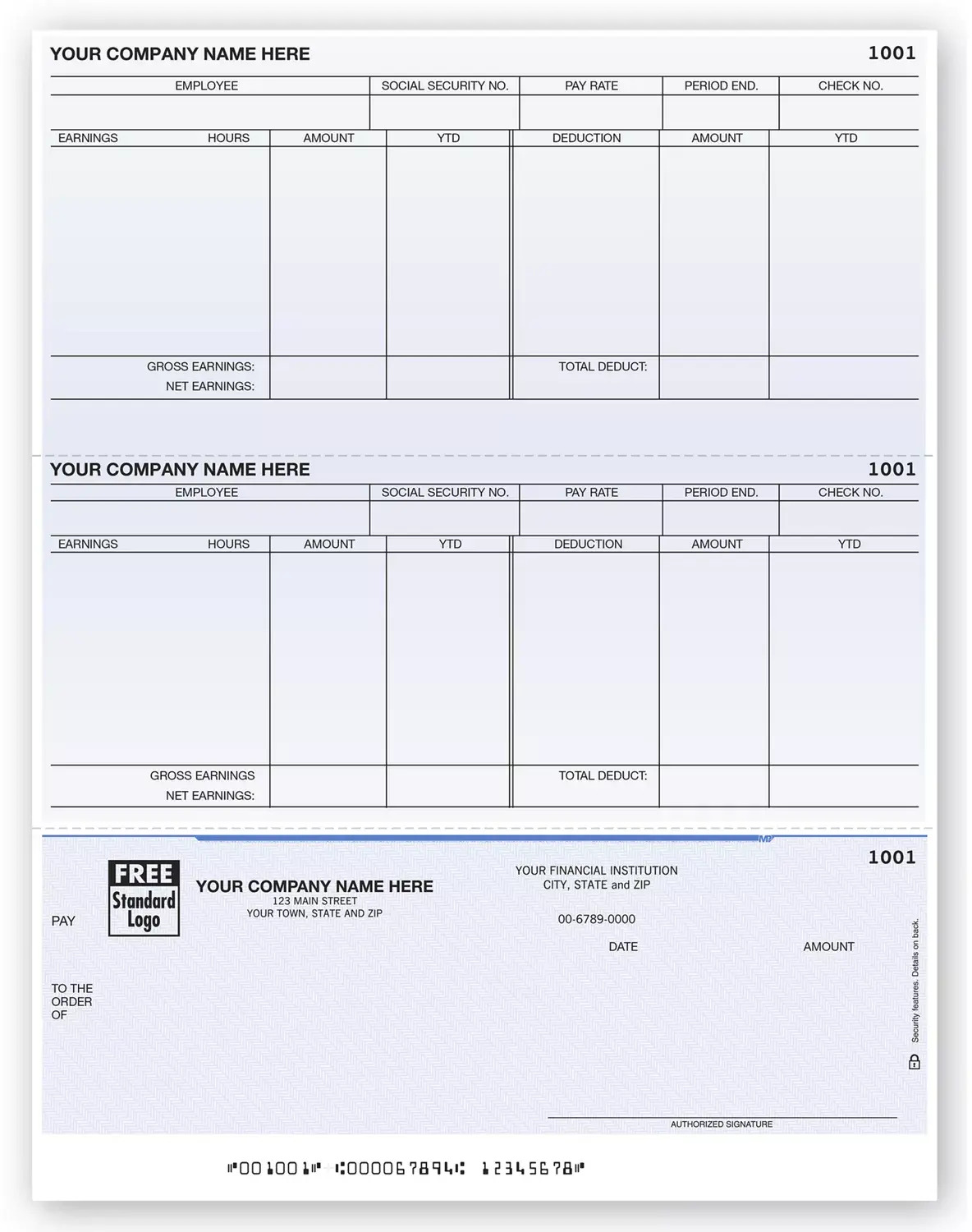 Custom Printed Laser Payroll Checks, Bottom Check, Detailed Columns