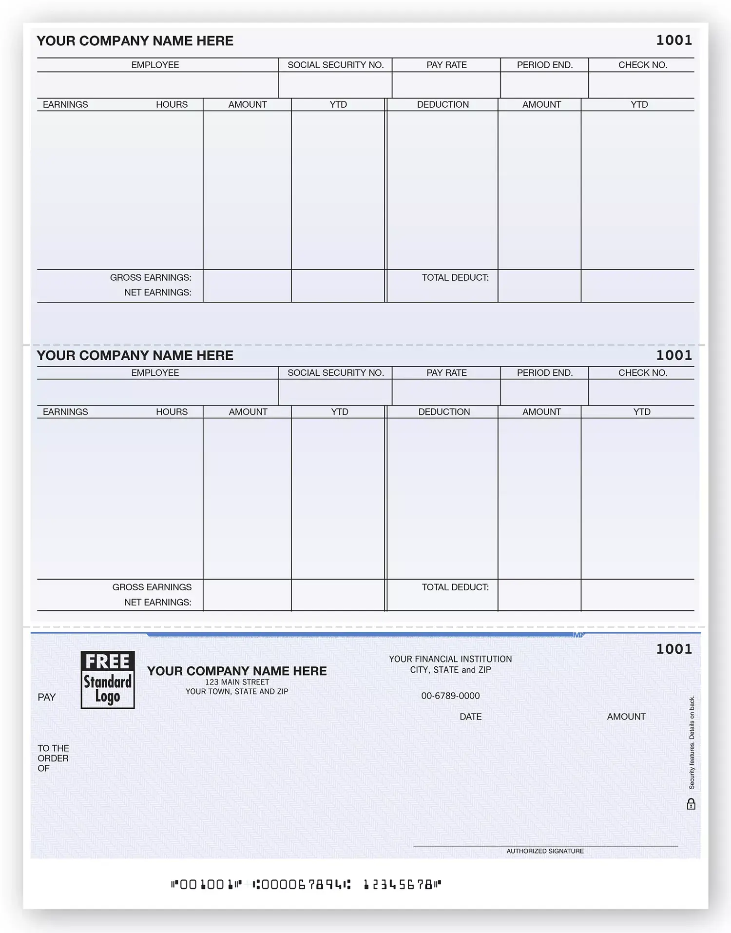 Custom Printed Laser Payroll Checks, Bottom Check, Detailed Columns