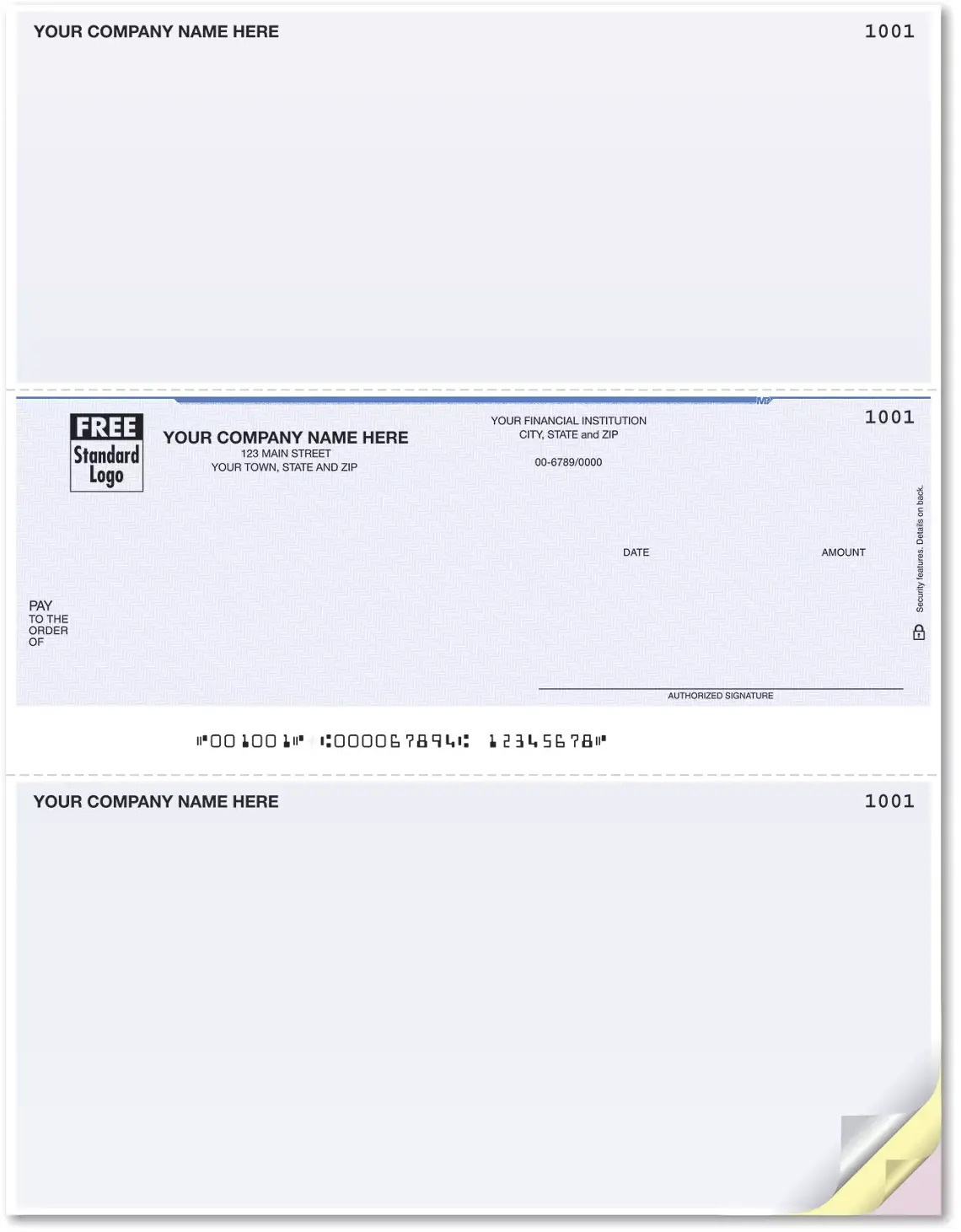 Custom computer check with middle-placement layout and two detachable stubs