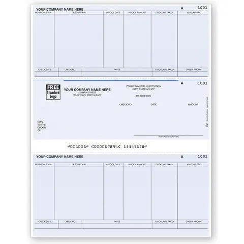 Computer Checks for Accounts Payable - Middle Check with 2 Stubs