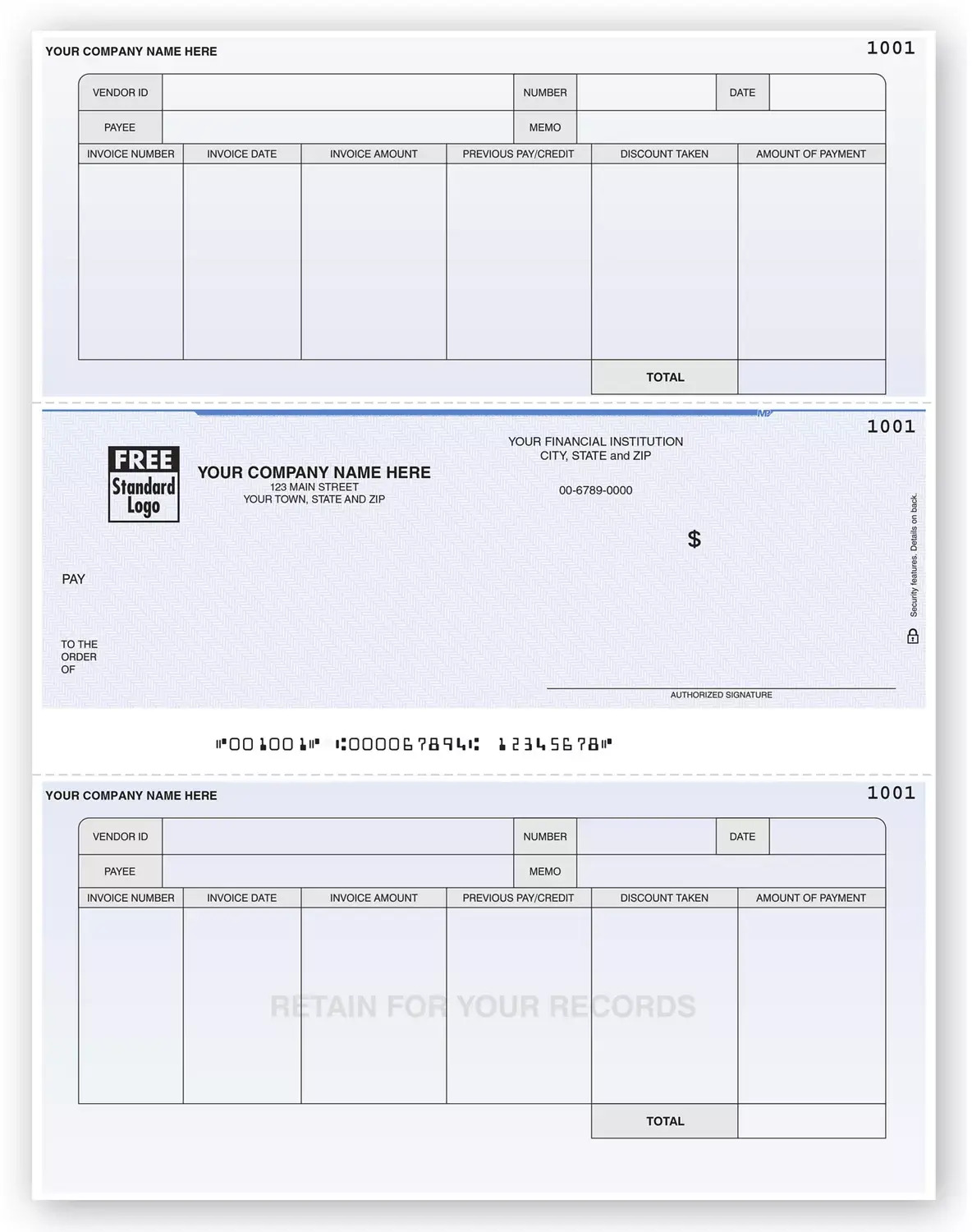 Accounts Payable Middle Checks with Stubs for Record Keeping