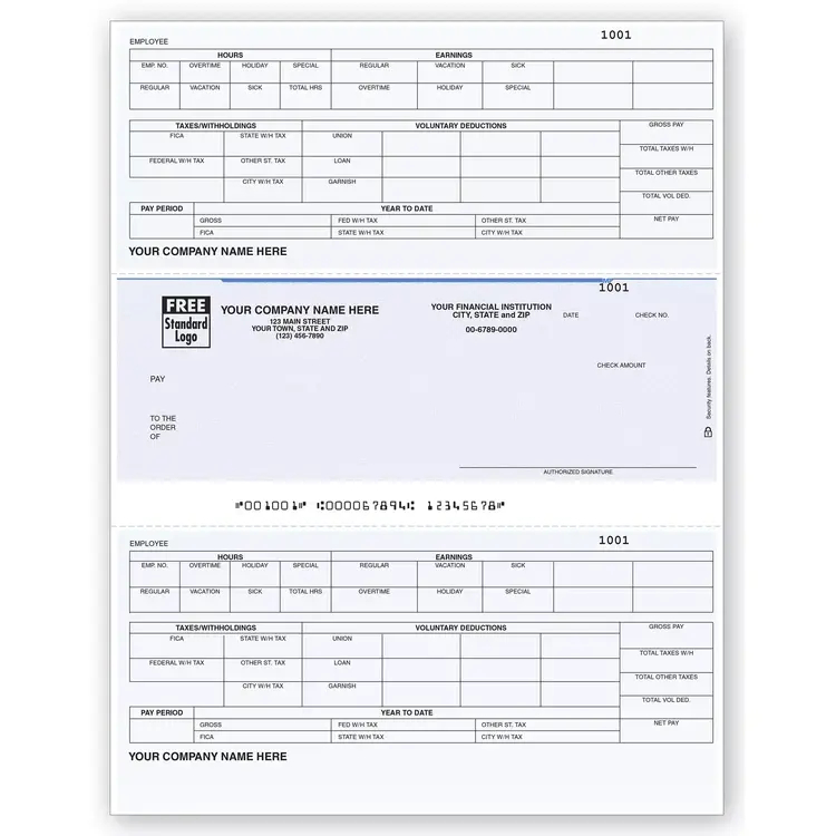 Custom Printed Payroll Checks with Detailed Hours, Vacation, Overtime and Taxes Paid