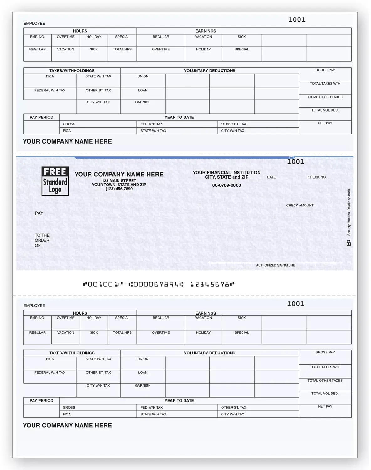 Custom Printed Payroll Checks with Detailed Hours, Vacation, Overtime and Taxes Paid